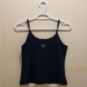 VINTAGE 90s BEDAZZLED BLING RHINESTONE BUTTERFLY BLACK CAMISOLE SPAGHETTI TOP